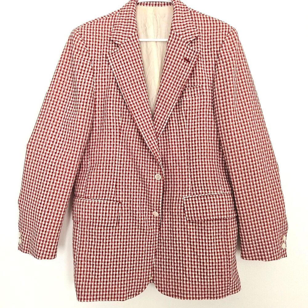 Stanley Blacker Mens Small 36 38 Red White Gingham Seersucker Vtg Blazer Jacket